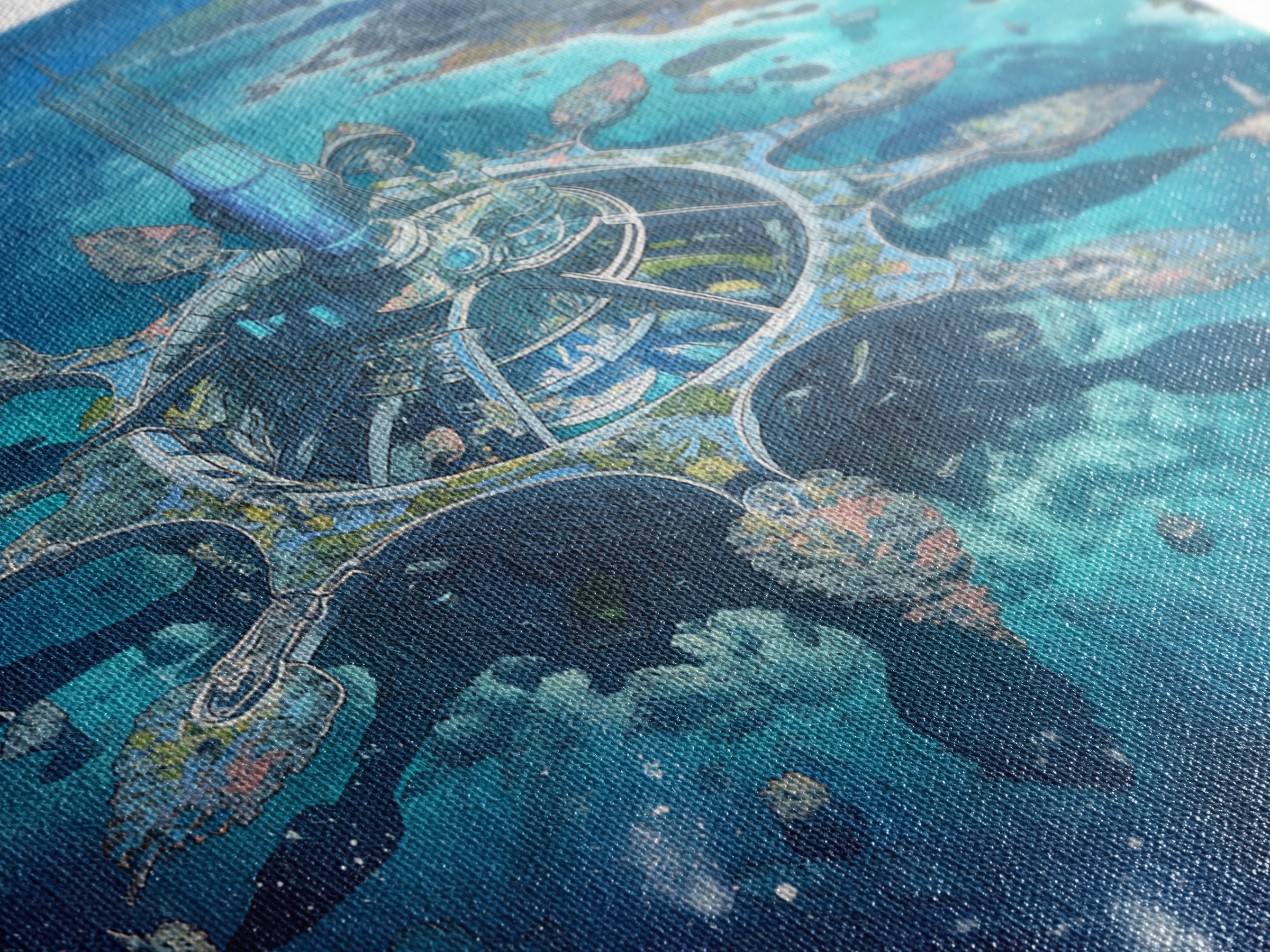 Futuristic Ocean City And Floating Islands Canvas Print, Afrofuturism Wall Art, Blue Sci Fi Coastal Home Decor For Office Gift