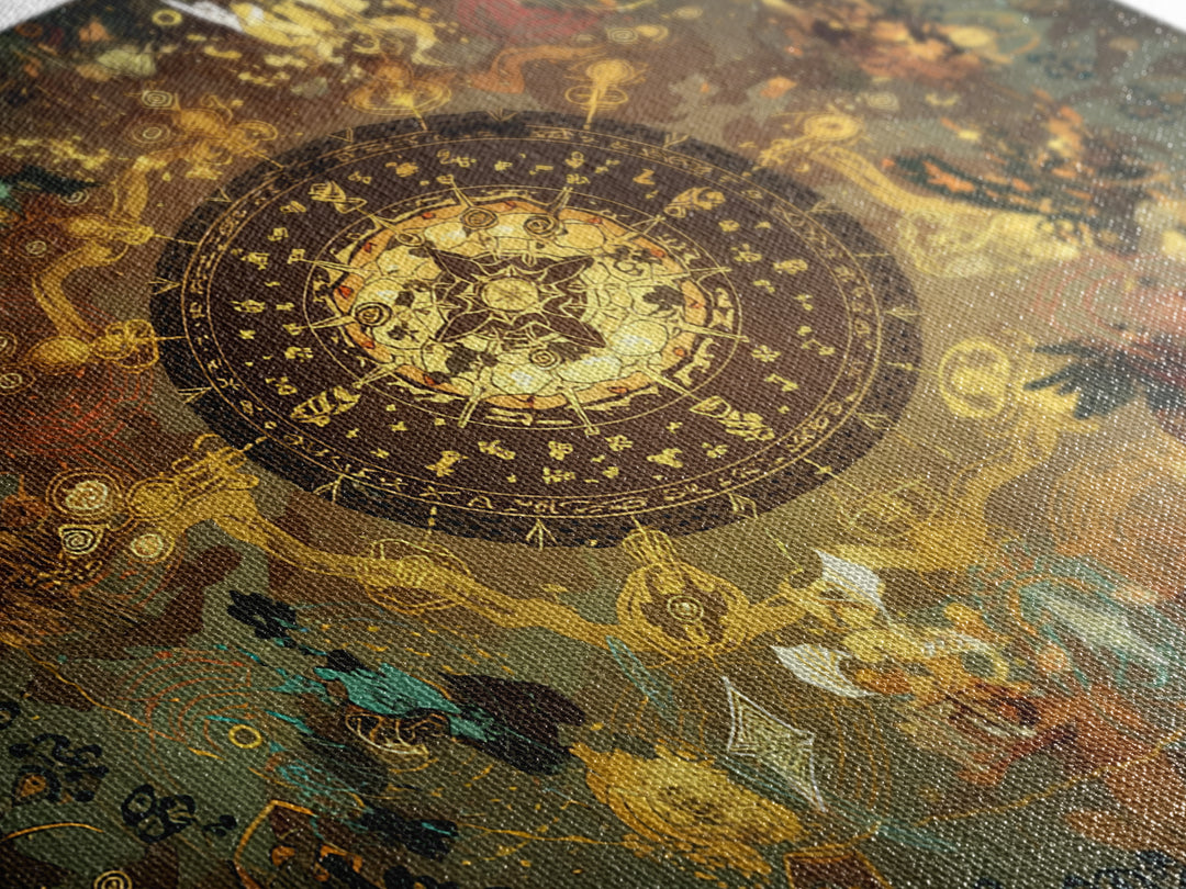 Golden Zodiac Circle And Mystical Animals Wall Art, Spiritual Decor, Astrology Inspired Canvas Print, Boho Home Decor, Gift