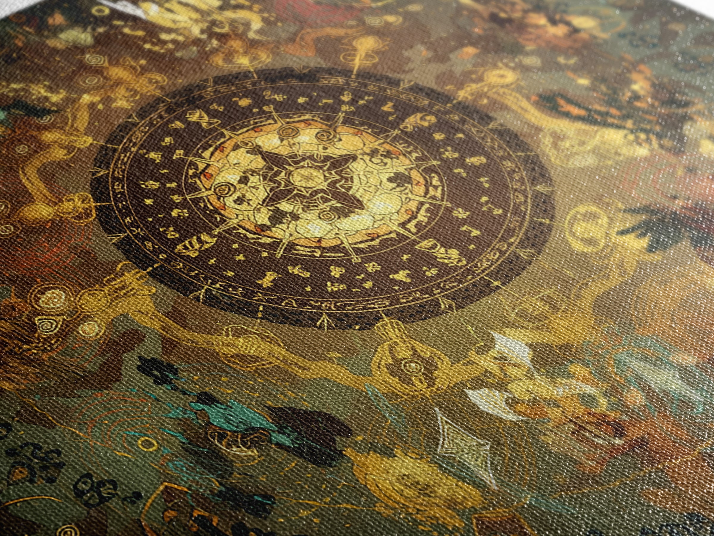 Golden Zodiac Circle And Mystical Animals Wall Art, Spiritual Decor, Astrology Inspired Canvas Print, Boho Home Decor, Gift