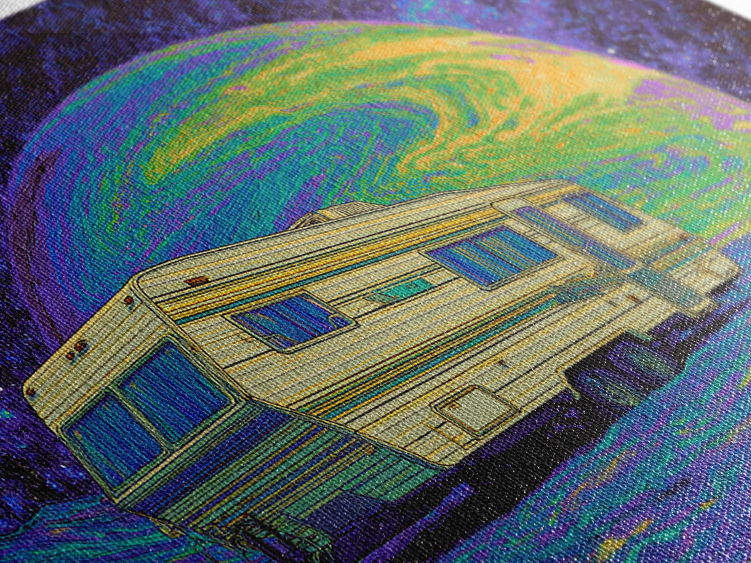 Retro Camper On Psychedelic Alien Planet Canvas Print, Digital Art, Afrofuturism Decor, Space Travel Poster, Unique Wall Decor