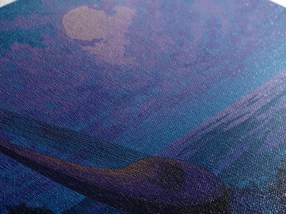 Moonlit African Kora By Ocean, Blue Purple Canvas Print, Afrocentric Wall Decor, African Music Art, Dreamy Coastal Decor