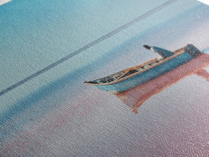 Lone Blue Boat On Pink Lake Canvas Print, African Landscape, Minimalist Travel Poster, Serene Coastal Wall Decor Gift For Home