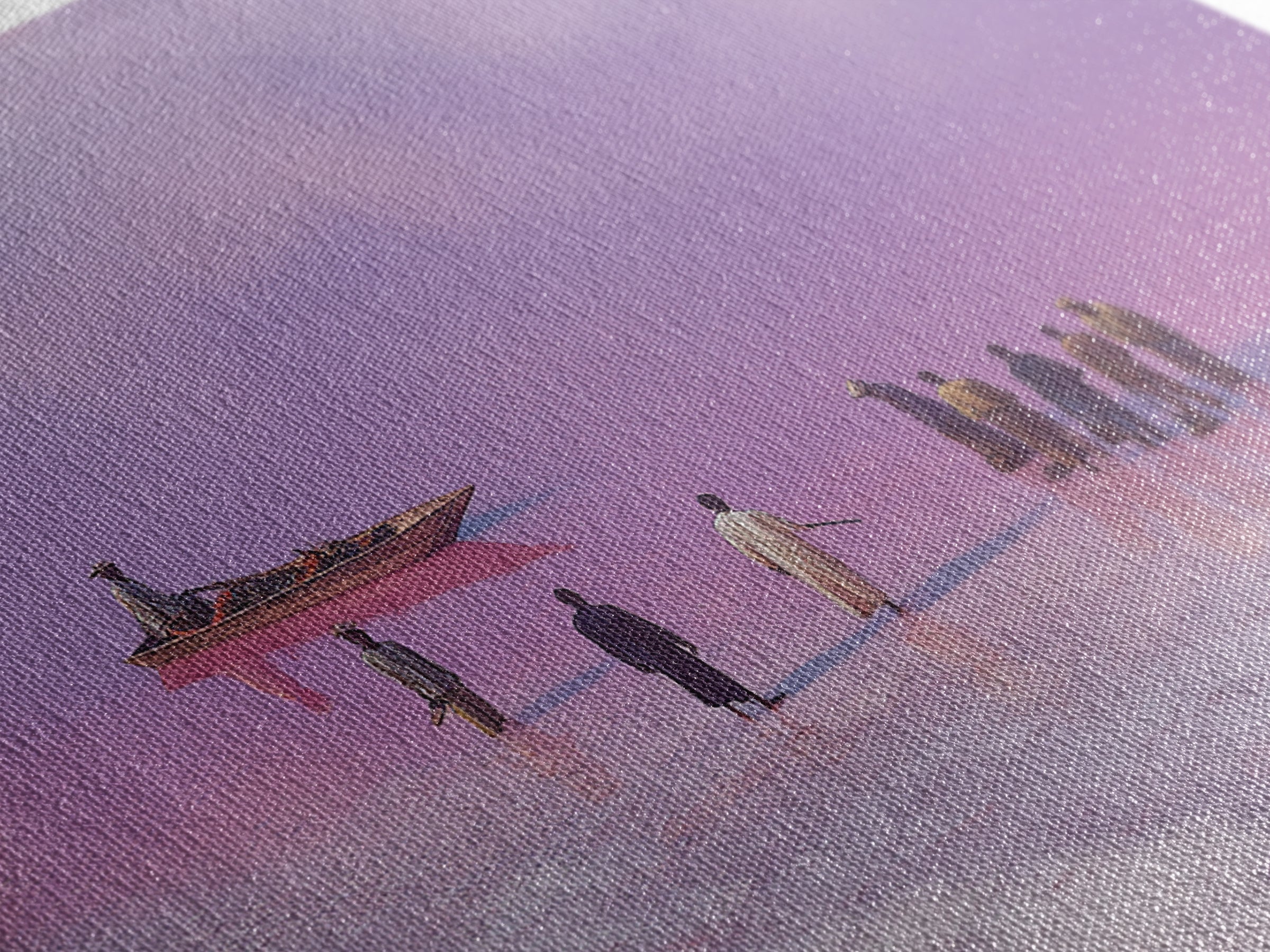Purple Pink Salt Lake Boat Scene Wall Art, African Landscape, Coastal Travel Poster, Cultural Home Decor, Large Canvas Print