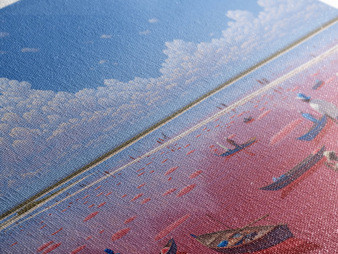 Vibrant Pink Lake Boats Under Clouds Framed Canvas Print, African Landscape, Senegal Travel Poster, Coastal Wall Decor Gift