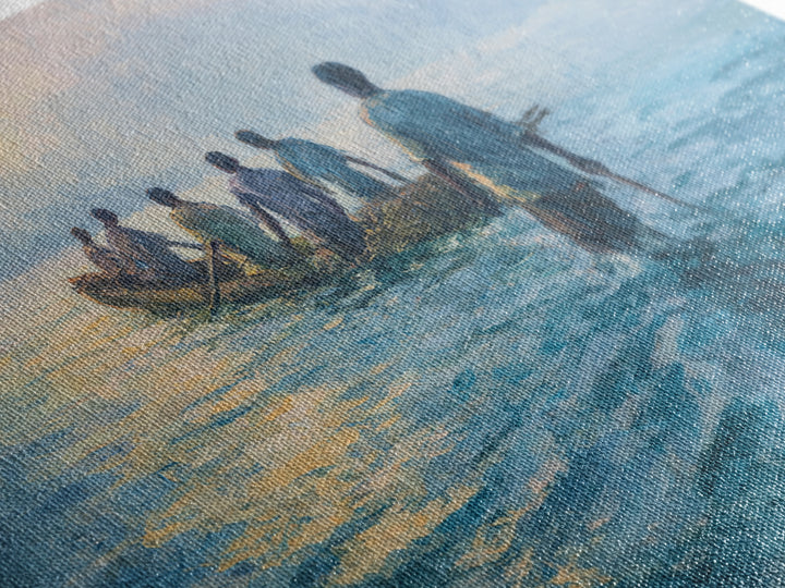 Blue Lake Fishermen In Canoe Canvas Print, African Art Print, Coastal Water Painting, Living Room Decor, Unique Canvas Gift