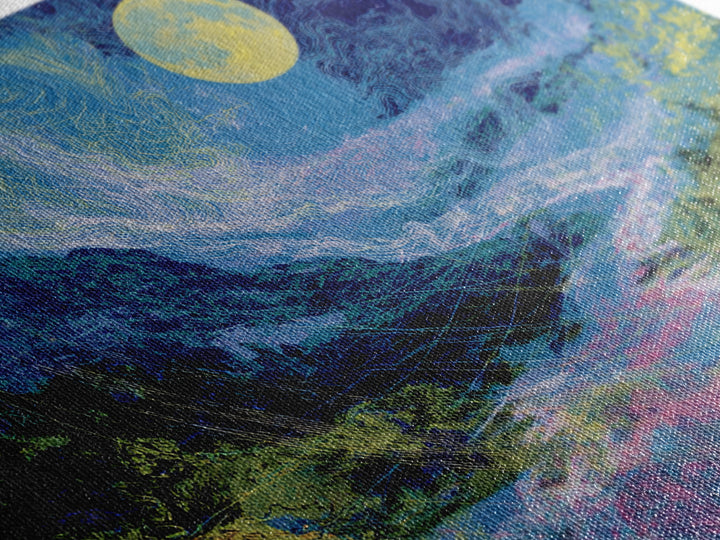 Blue Moonlit River Through Mountains Wall Art, Dreamy Wall Art, Nature Scene Art, Blue Home Decor, Large Decor Art, Living Room Art