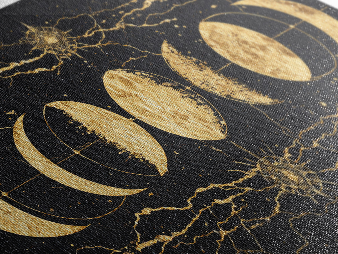 Gold Moon Phase Celestial Wall Art, Black Marble Lunar Decor, Mystical Astronomy Print, Boho Spiritual Home Decor Gift For Her