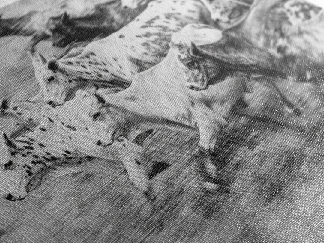 Black And White Running Cattle Wall Art, African Safari Animal Print, Rustic Farmhouse Decor, Western Herd Canvas Artwork
