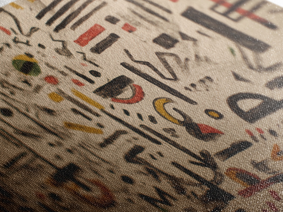 Ancient Painted Glyphs On Textured Cloth Canvas Print, African Patterns Wall Decor, Tribal Abstract Art, Cultural Home Decor