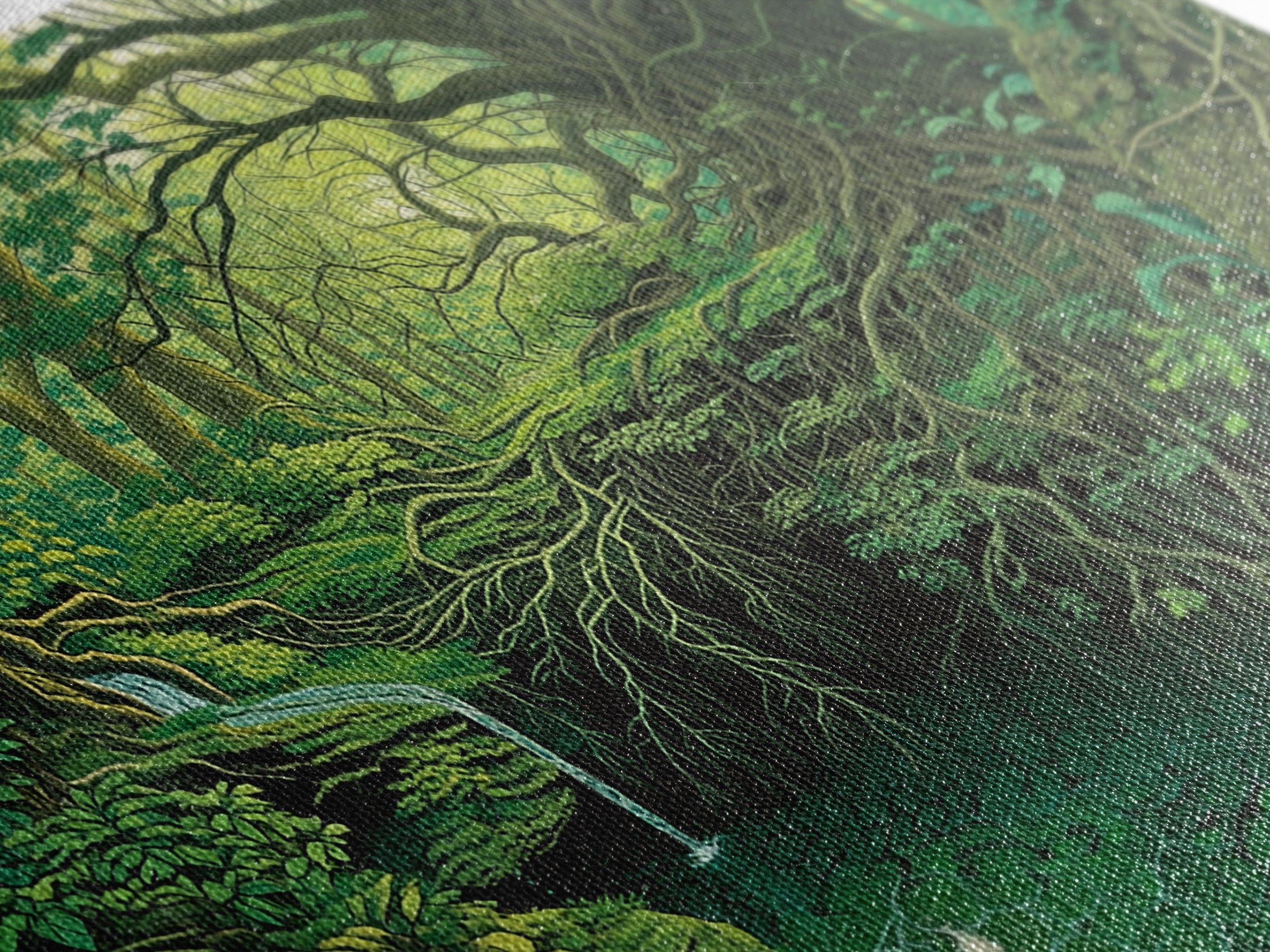 Ancient Emerald Forest Creek And Twisted Roots Wall Art, Green Nature Landscape Canvas, Mystical Jungle Home Decor For Living Room