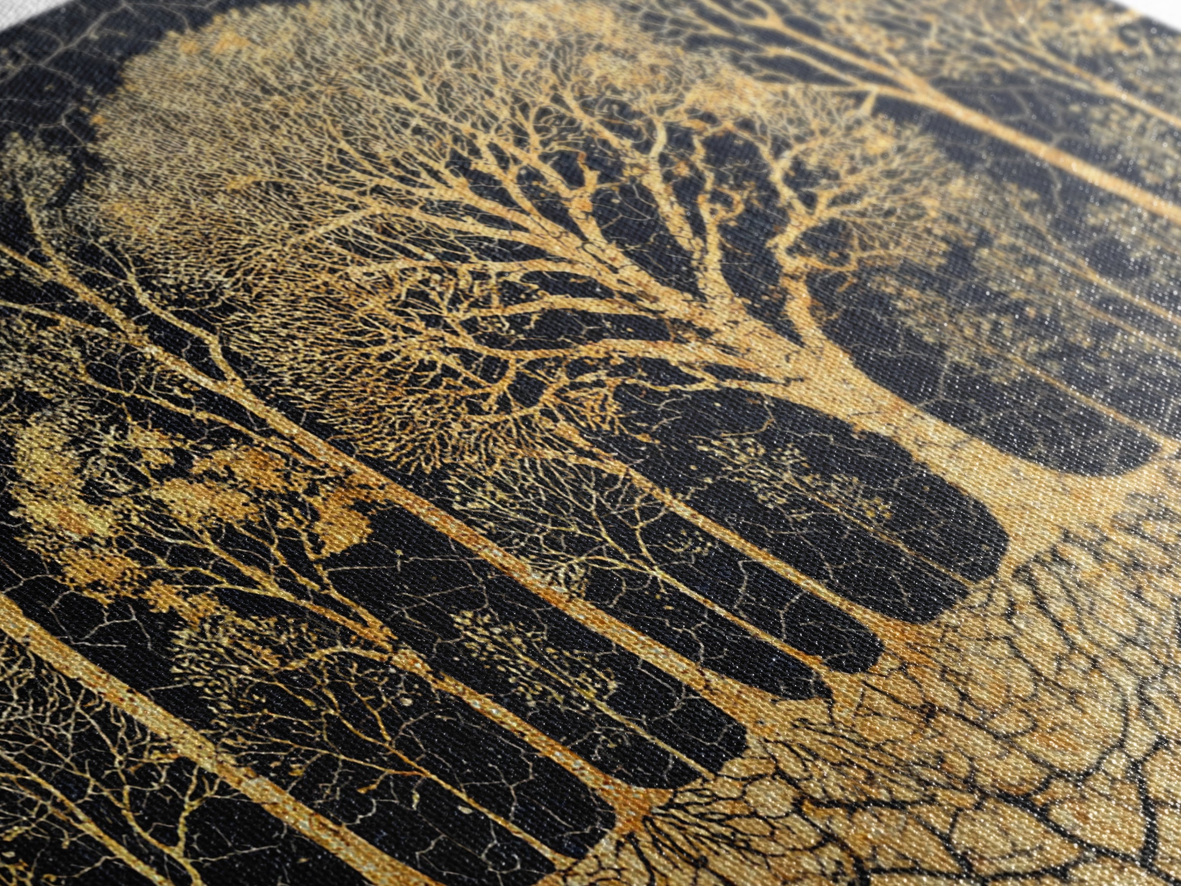 Golden Baobab Tree Grove On Black Cracked Earth Canvas Print, African Tree Inspired Abstract Wall Decor, Luxury Home Art
