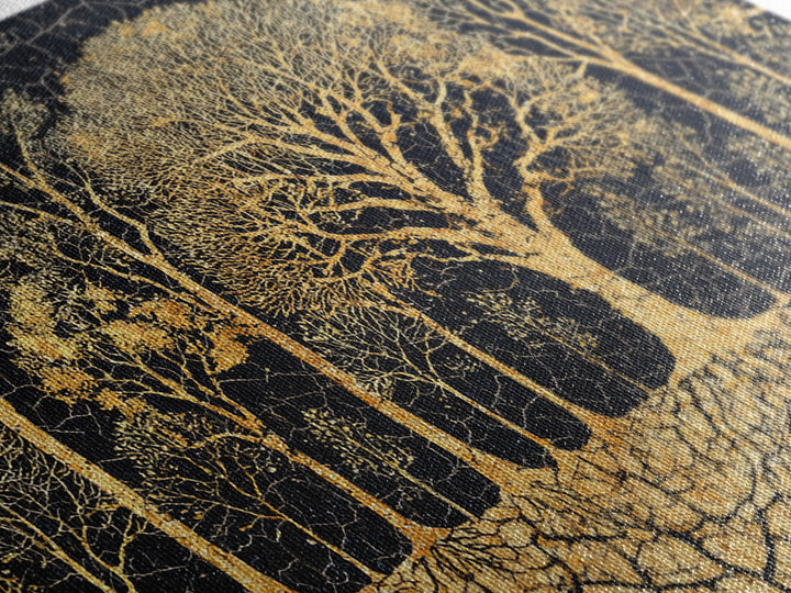 Golden Baobab Tree Grove On Black Cracked Earth Canvas Print, African Tree Inspired Abstract Wall Decor, Luxury Home Art