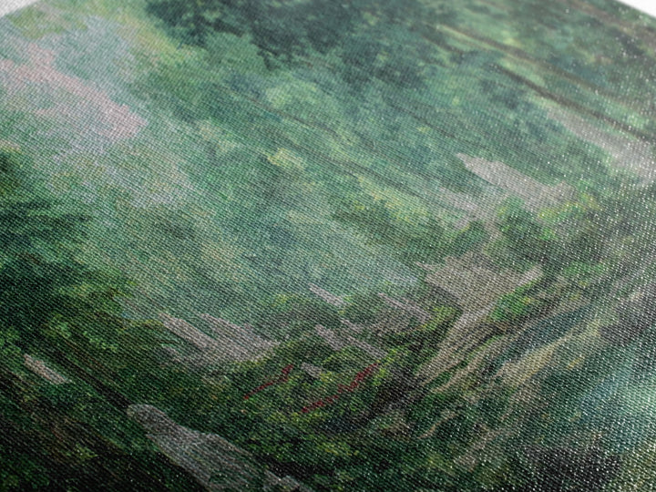 Misty Forest Ruins With Statues And Stream Wall Art, Green Nature Landscape Painting, Dreamy Garden Decor For Living Room