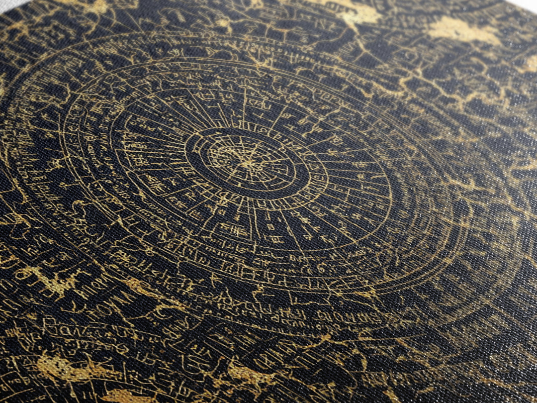 Gold Circular Ancient Map Wall Art, African Inspired Abstract Pattern, Tribal Astronomy Decor, Luxury Black Canvas Print