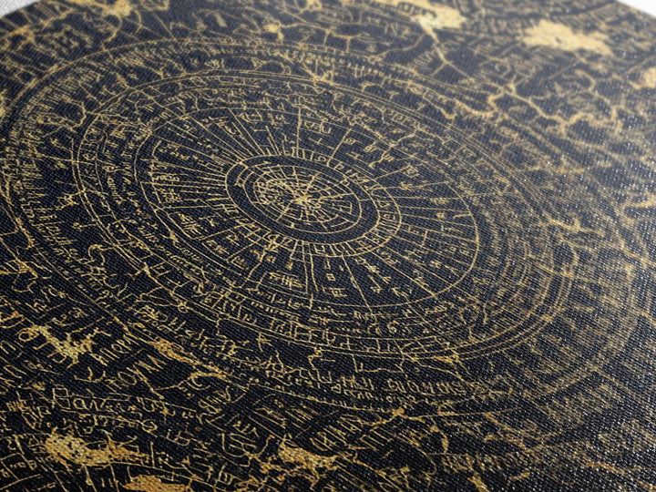 Gold Circular Ancient Map Wall Art, African Inspired Abstract Pattern, Tribal Astronomy Decor, Luxury Black Canvas Print