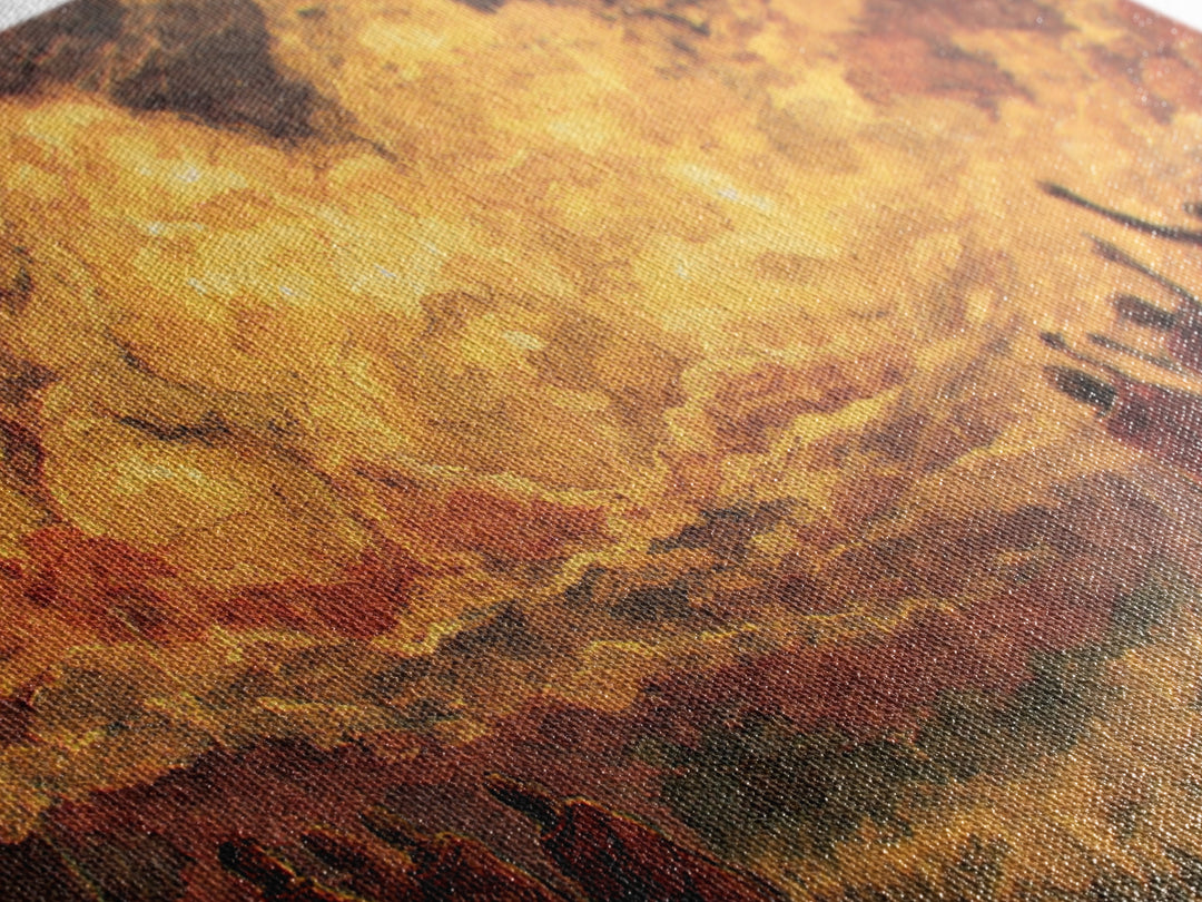 Robed Figures Before Fiery Golden Clouds Canvas Print, African Wall Art, Spiritual Landscape, Burnt Orange Home Decor Gift