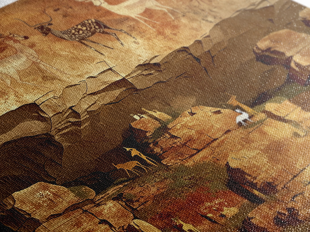 Ancient Canyon Cattle Cave Scene Canvas Print, African Safari Art, Tribal Rock Painting, Earth Tone Cultural Wall Decor Gift