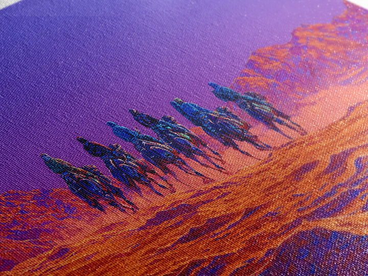 Violet Desert Riders Across Neon Dunes Wall Art, African Warrior Art, Vibrant Safari Decor, Modern Canvas Print Gift For Him