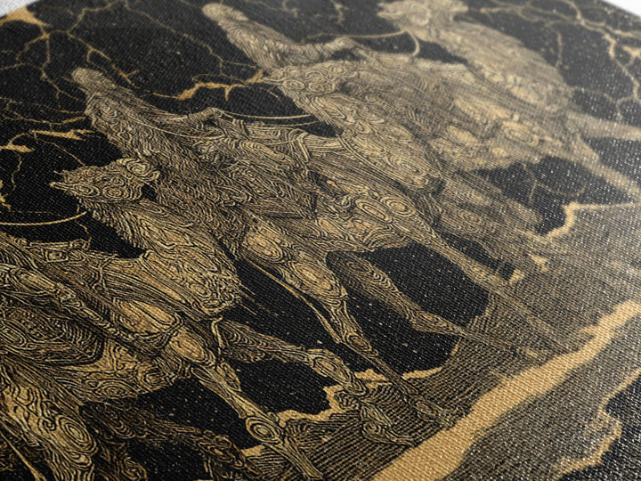Gold Engraved Camel Caravan On Black Stone Wall Art, African Art Print, Desert Travel Decor, Luxury Canvas Print For Office Decor