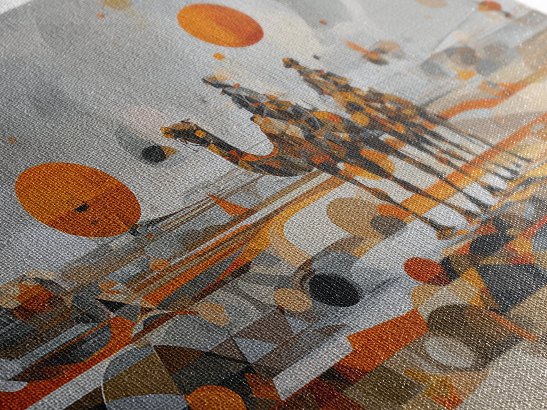 Abstract Geometric Camel Caravan In Orange Desert Wall Art, Modern African Art, Boho Living Room Decor, Canvas Print Gift