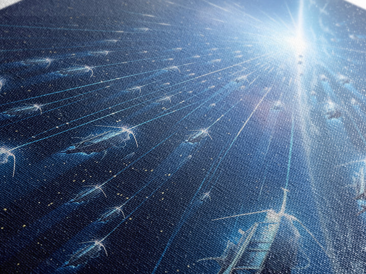 Blue Starship Fleet Racing Toward Sunrise Wall Art, Afrofuturism Decor, Sci Fi Space Art, Modern Canvas Print For Office Decor