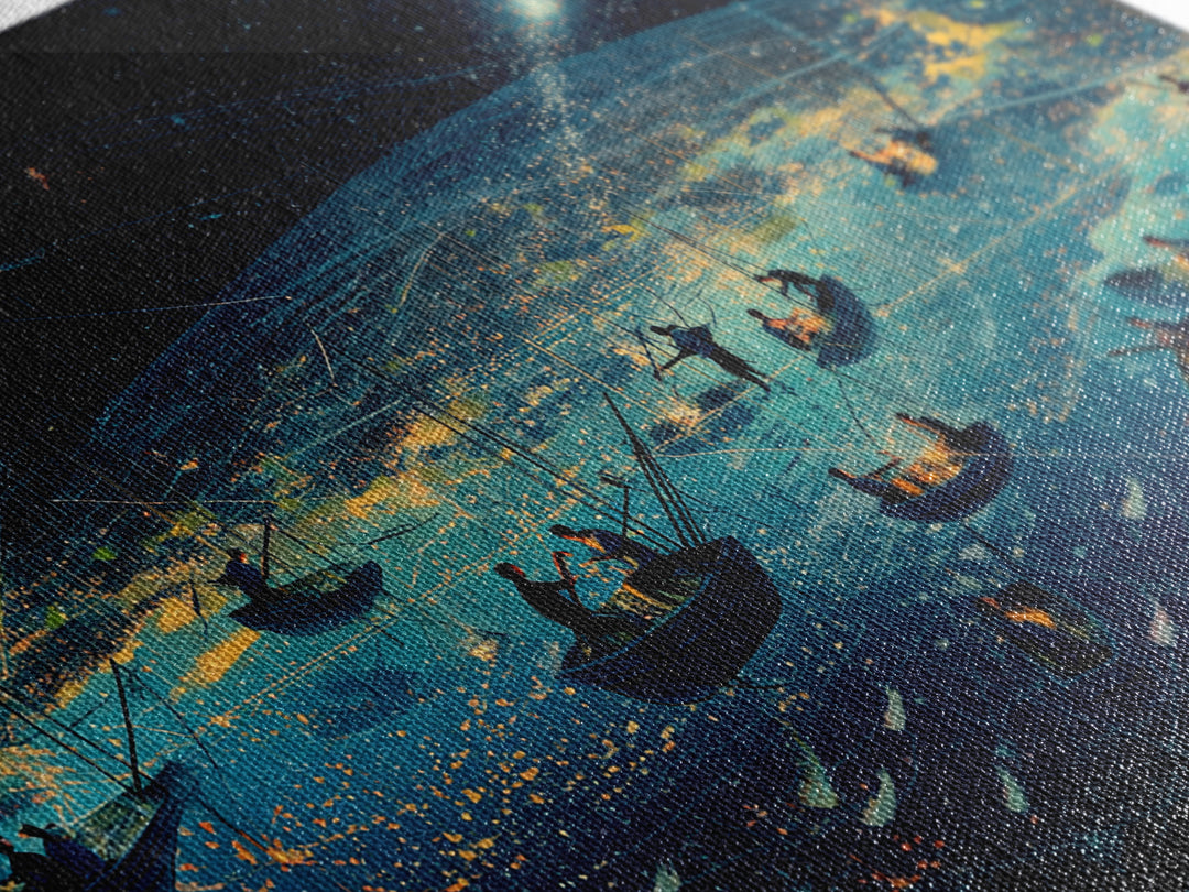 Starry Night African Fishing Boats, Dreamy Ocean Wall Art, Coastal Safari Decor, Framed Canvas Print For Living Room Gift