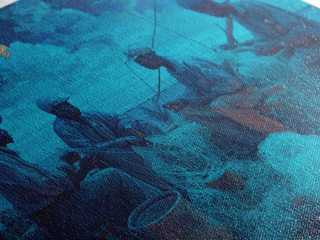 Moonlit African Fishermen Mending Nets, Blue Coastal Wall Art, Afrocentric Painting, Cultural Decor, Fishing Village Print