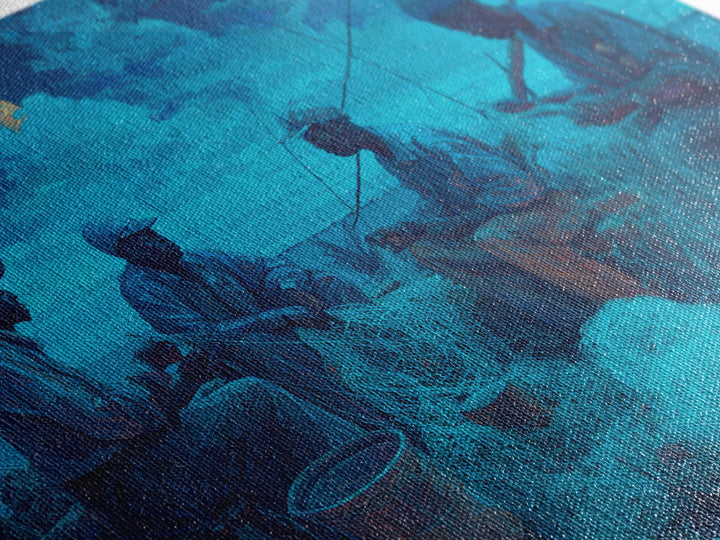 Moonlit African Fishermen Mending Nets, Blue Coastal Wall Art, Afrocentric Painting, Cultural Decor, Fishing Village Print