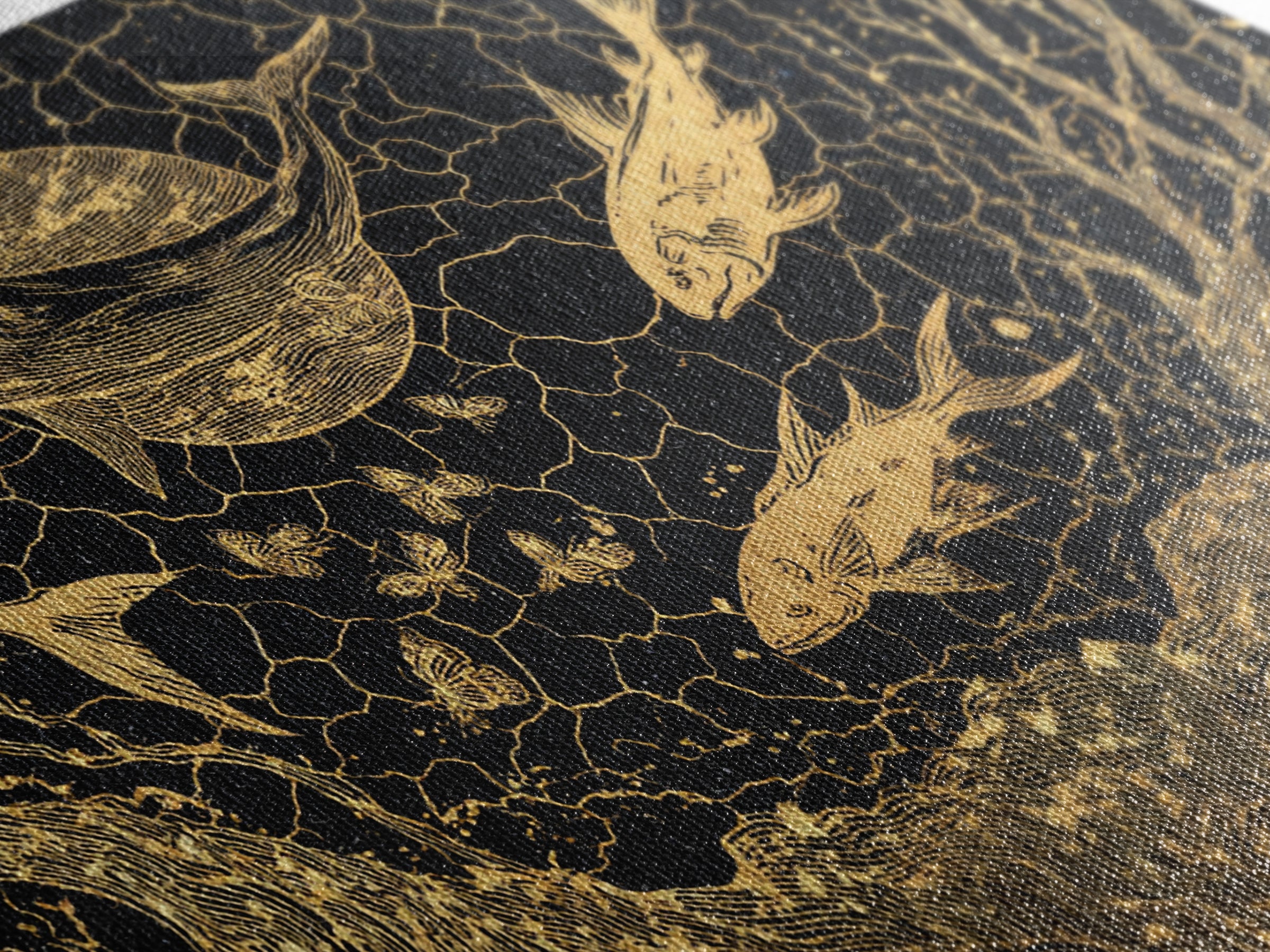 Gold Fish And Whale Underwater Scene, Black And Gold Wall Art, Ocean Canvas Print, Mystical Nature Decor, Unique Gift For Home