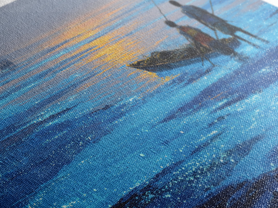 Blue Dawn Fishermen With Boat On Shimmering Water, African Wall Art, Coastal Canvas Print, Serene Living Room Decor Gift
