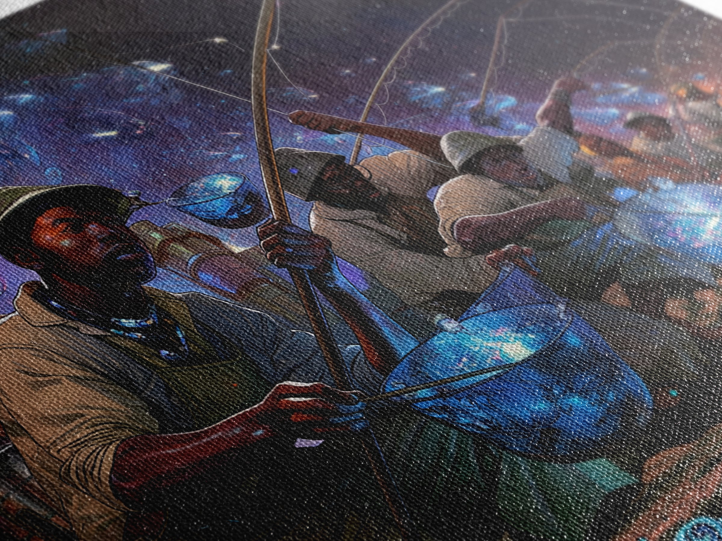 Afrofuturist Fishermen Catching Glowing Fish, Starry Night Canvas Print, African Wall Art, Bold Black Culture Decor Gift