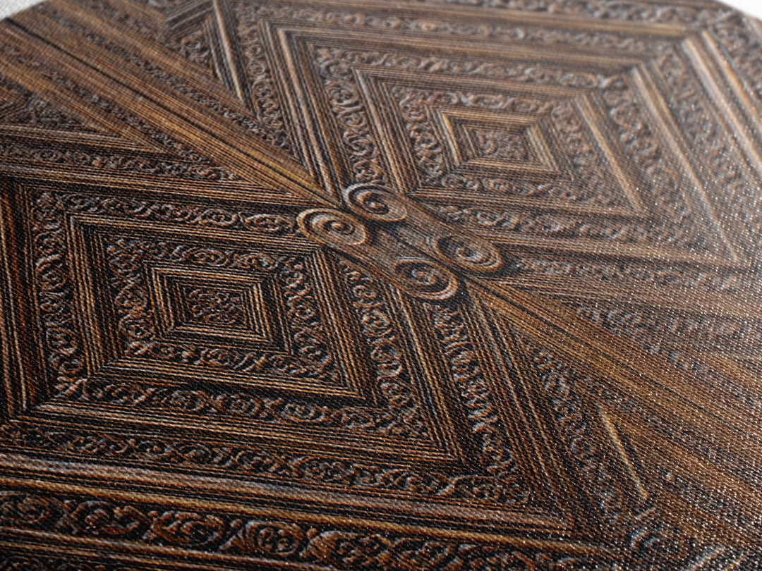 Geometric Carved Wood Door Canvas Print, Ornate Tribal Pattern Wall Art, Brown Rustic Home Decor, Unique Cultural Gift For Office