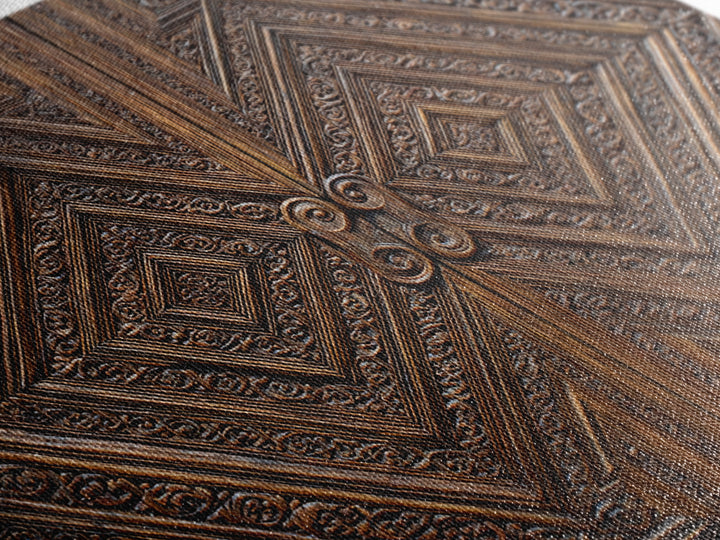 Geometric Carved Wood Door Canvas Print, Ornate Tribal Pattern Wall Art, Brown Rustic Home Decor, Unique Cultural Gift For Office