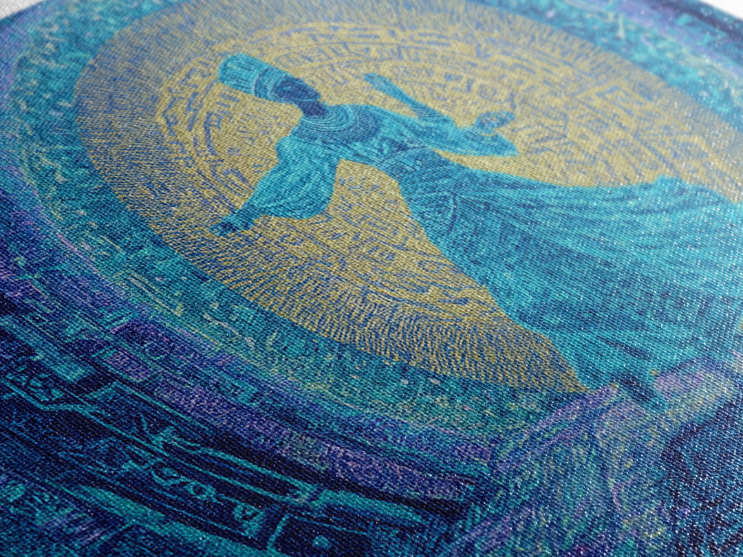 Ethereal Blue Whirling Dancer Portal Wall Art, African Inspired Spiritual Wall Decor, Teal Gold Boho Modern Canvas Print
