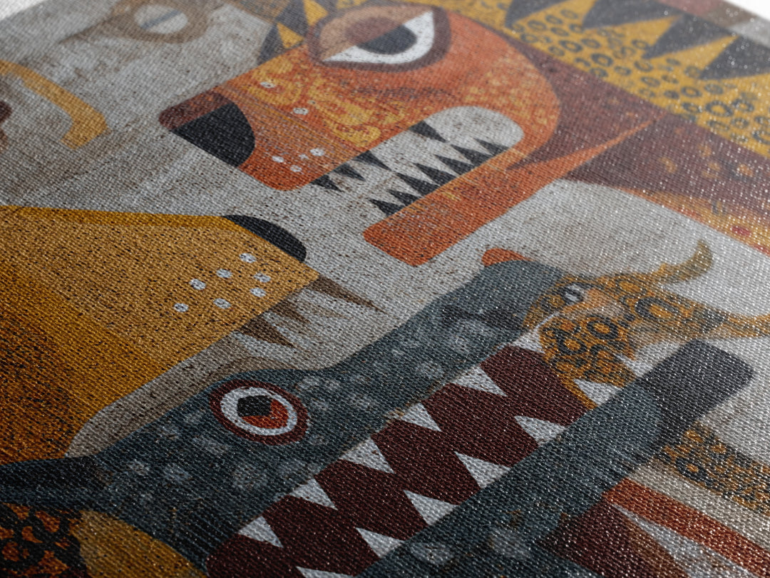 Cubist Tribal Animal Masks Wall Art, African Inspired Abstract Painting, Earth Tone Safari Decor, Modern Canvas Print Gift