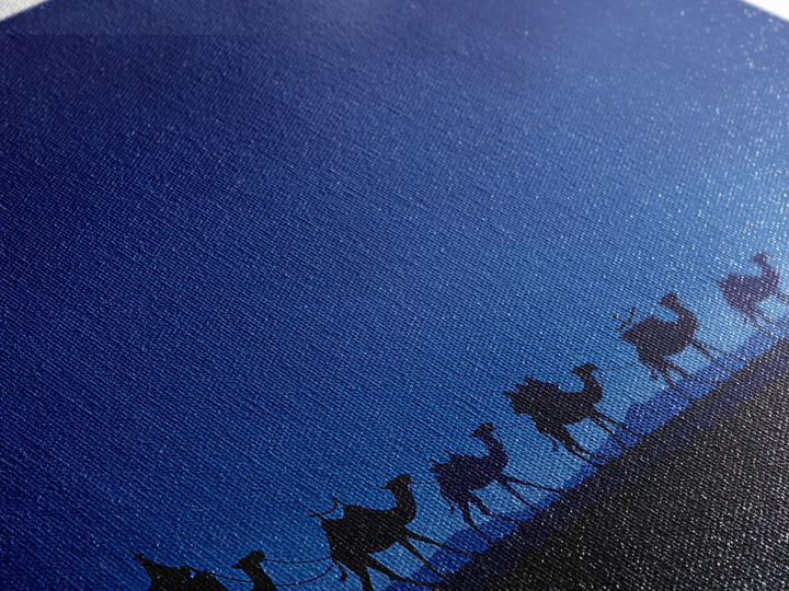 Minimalist Blue Camel Caravan Silhouette Wall Art, African Safari Print, Moroccan Travel Poster, Modern Desert Home Decor