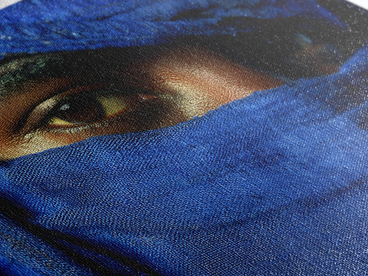 Blue Veiled Tuareg Eyes Portrait Framed Canvas Print, African Portrait, Moroccan Travel Art, Bold Cultural Wall Decor, Gift For Him