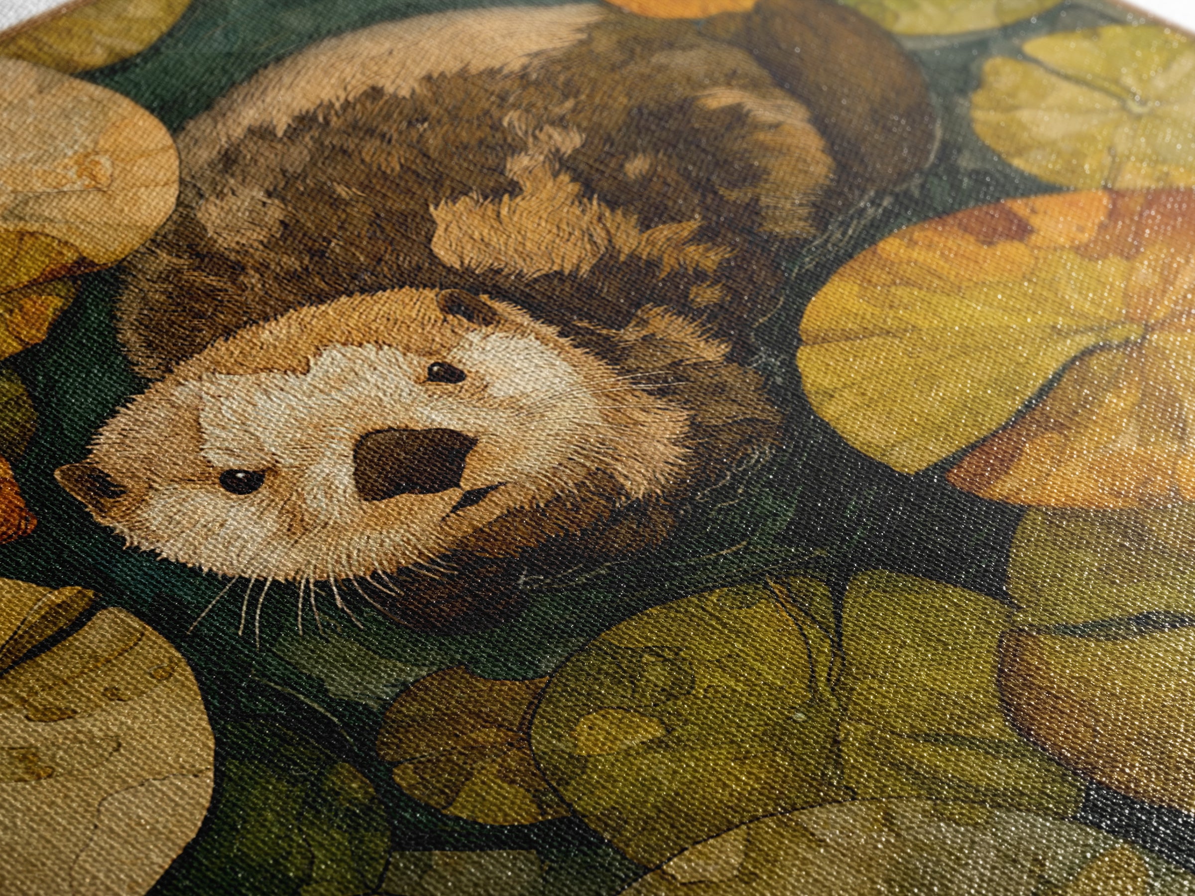Playful Otter Floating Among Lily Pads Framed Canvas Print, Animal Art, Gallery Decor, Living Room Decor, Fine Art, Creature, ANI-1x1-32