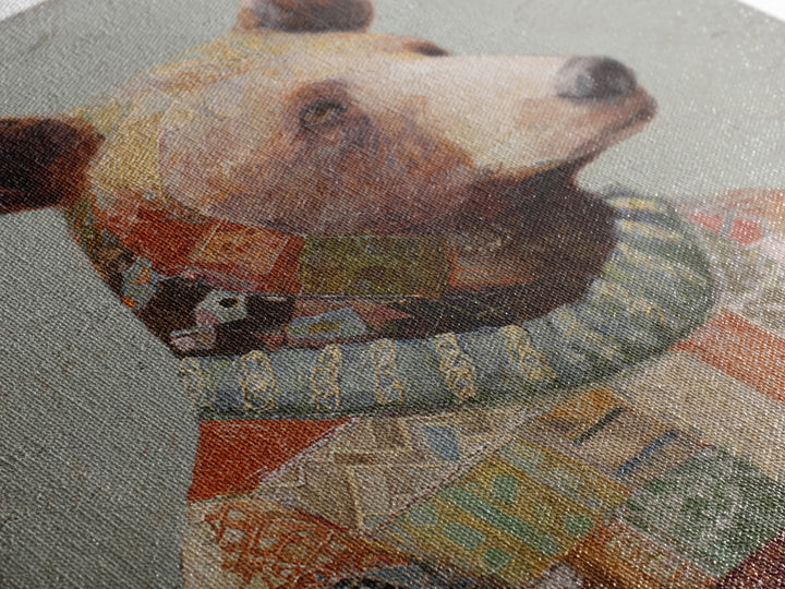Whimsical Bear in a Patterned Sweater with Canvas Print, Animal Art, Modern Wall Art, Living Room Decor, Fine Art, Creature, ANI-1x1-50