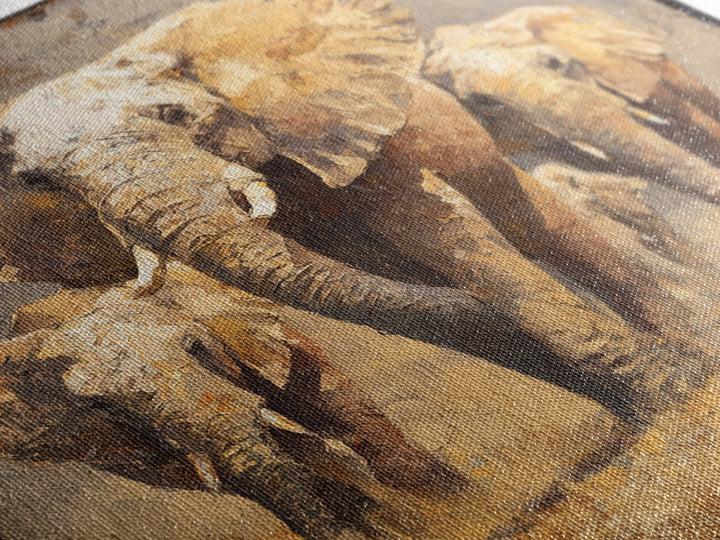 Elephant Family Walking Through Dusty Golden Light Canvas Print, Animal Art, Safari Nursery Decor, Living Room Decor, Creature, ANI-1x1-62