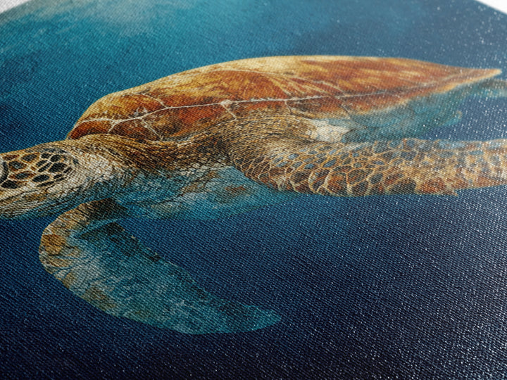 Sea Turtle Drifting Through Luminous Blue Water Canvas Print, Animal Art, Boho Wall Art, Living Room Decor, Creature, ANI-1x1-66