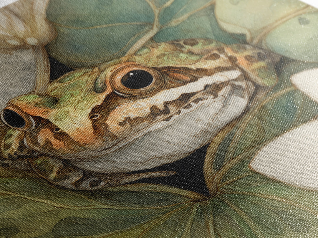 Frog on a Lotus Leaf Framed Canvas Print, Animal Art, Boho Wall Art, Living Room Decor, Oil Painting, Creature, ANI-1x1-68