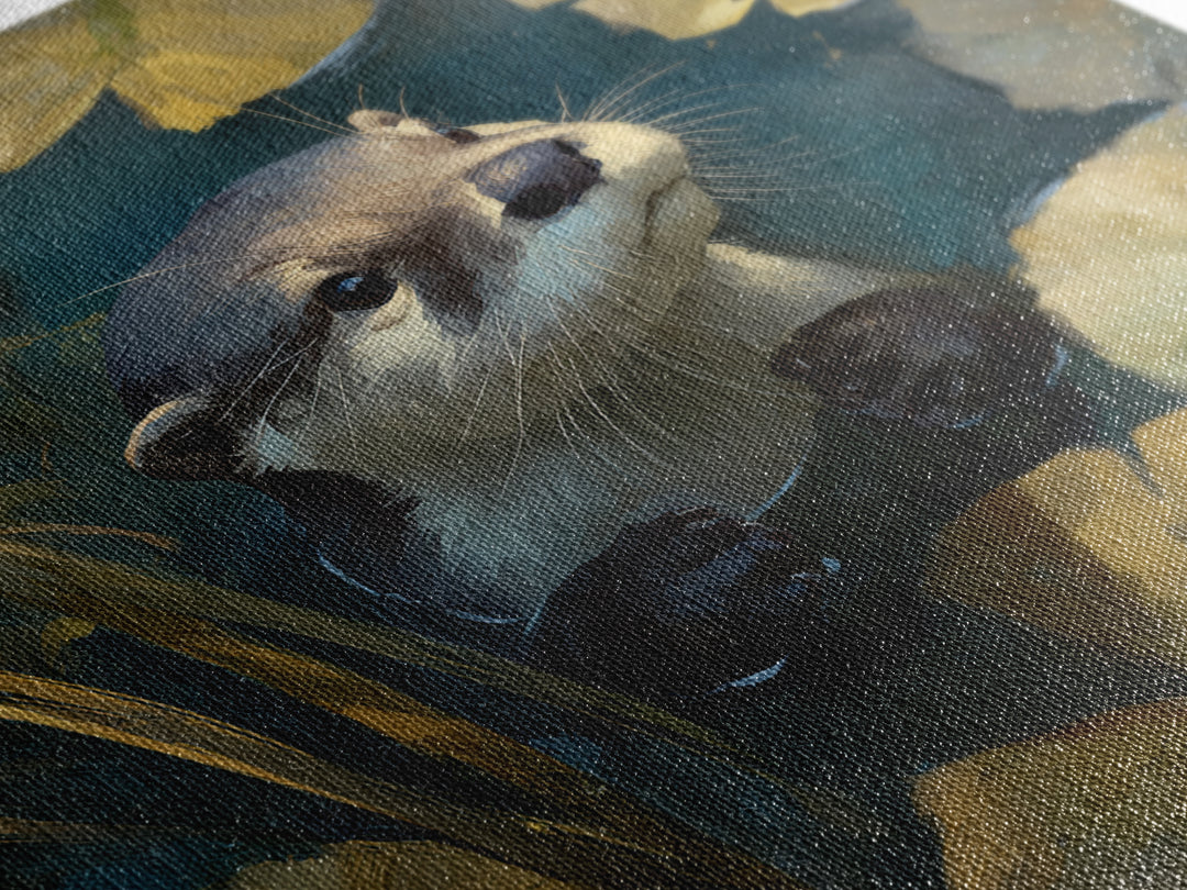 Playful Otter Floating Among Lily Pads Framed Canvas Print, Animal Art, Modern Decor, Living Room Decor, Fine Art, Creature, ANI-1x1-80