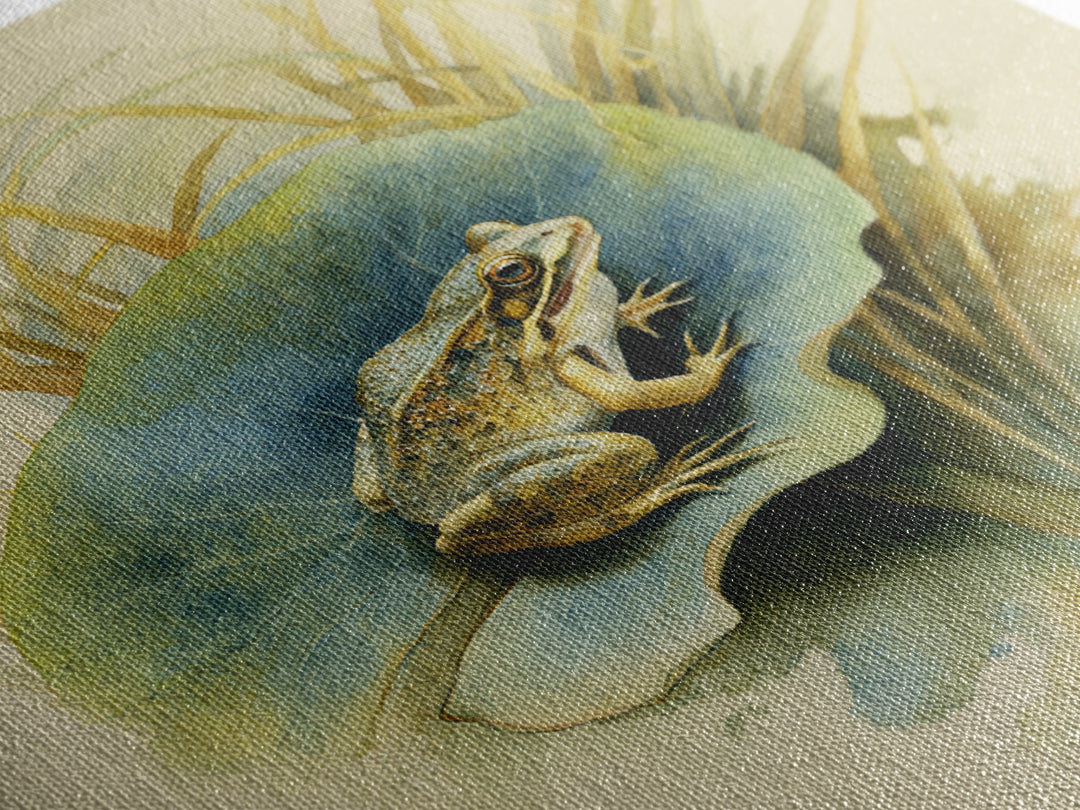 Frog on a Lotus Leaf Canvas Print, Animal Art, Trendy Wall Art, Living Room Decor, Watercolor Art, Creature, Textured Painting, ANI-1x1-92