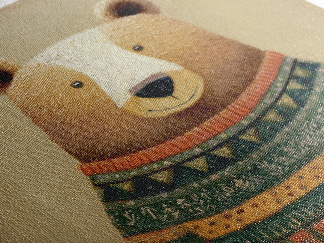 Whimsical Bear in a Patterned Sweater with Canvas Print, Animal Art, Boho Decor, Living Room Decor, Fine Art, Creature, ANI-1x1-98