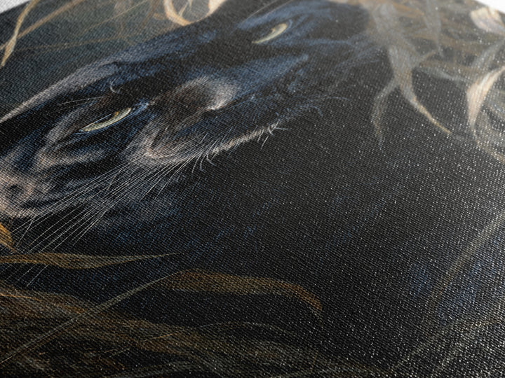 Dramatic Black Panther Emerging from Deep Jungle Canvas Print, Animal Art, Art Print, Living Room Decor, Oil Painting, Creature, ANI-1x3-90