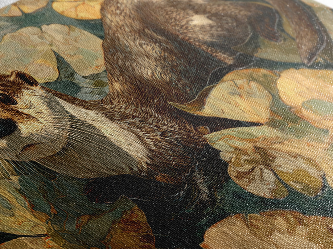 Playful Otter Floating Among Lily Pads Framed Canvas Print, Animal Art, Living Room Decor, Fine Art, Creature, Fine Art Print, ANI-2x1-100