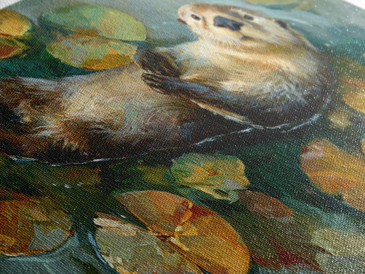 Playful Otter Floating Among Lily Pads Framed Canvas Print, Animal Art, Minimalist Decor, Living Room Decor, Fine Art, Creature, ANI-2x1-28
