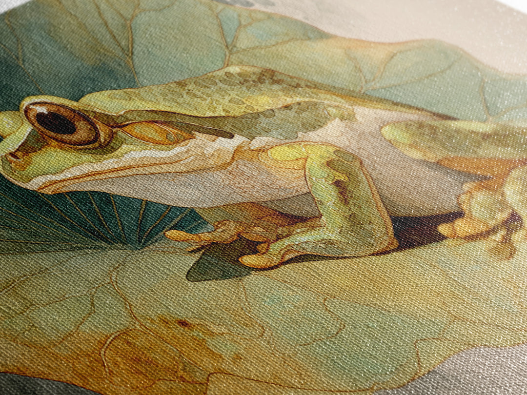 Frog on a Lotus Leaf Framed Canvas Print, Animal Art, Home Decor, Living Room Decor, Fine Art, Creature, Art Deco, Original Art, ANI-2x1-40