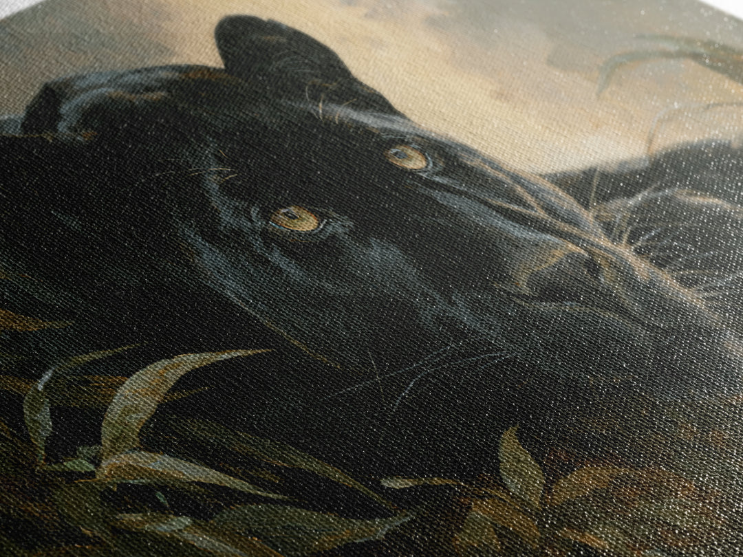 Dramatic Black Panther Emerging from Deep Jungle Canvas Print, Animal Art, Minimalist Decor, Living Room Decor, Creature, ANI-2x1-50